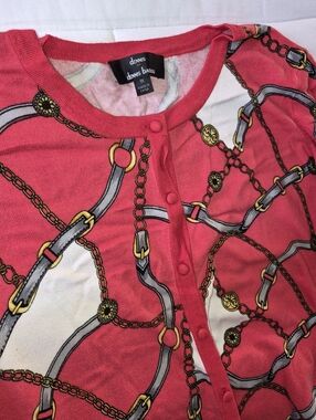 dennis basso Coral Pink Chain & Buckle Print Cardigan